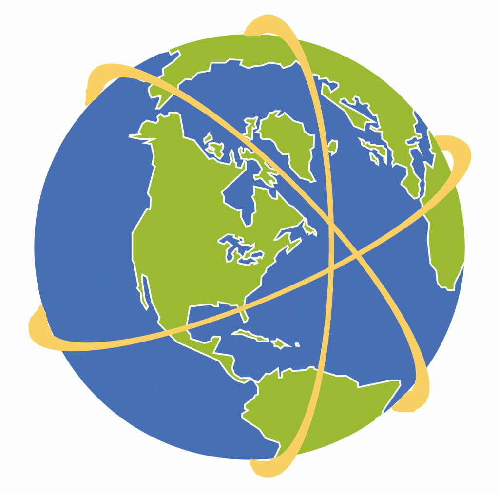 Picture of the globe in green and blue with gyroscope gold lines around it.